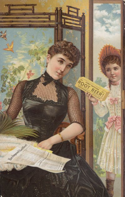 Menina, segurando, raiz, caixa cerveja de American School