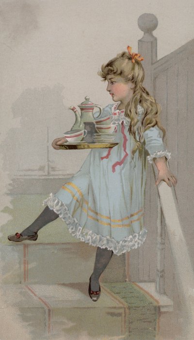 Menina carregando um pote de café em uma bandeja de American School