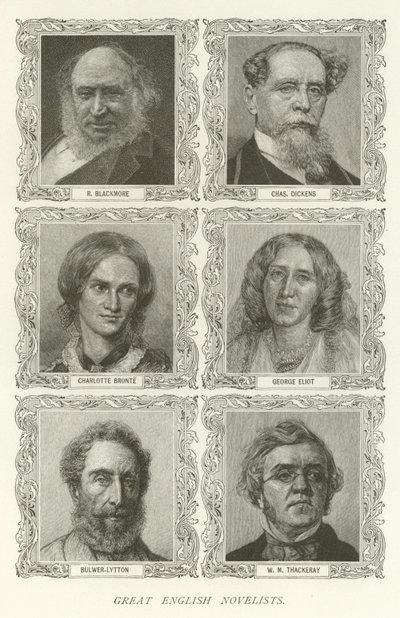 Grandes romancistas ingleses, R Blackmore, Charles Dickens, Charlotte Bronte, George Eliot, Bulwer-Lytton, WM Thackeray de American School
