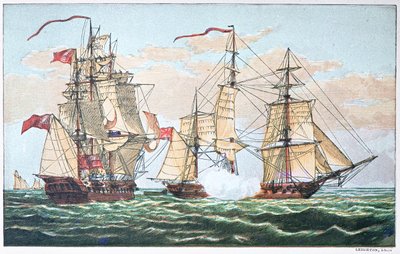 HMS Shannon vs o Chesapeake americano em 1813 durante a Guerra de 1812 (cor litho) de American School
