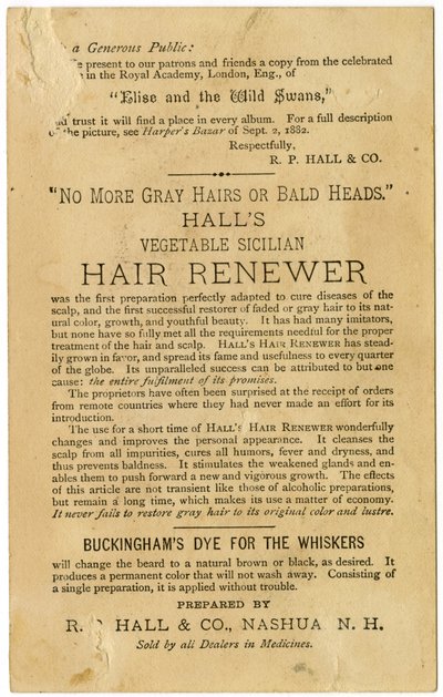 Halls Vegetable Sicilian Hair Renewer, restaura o cabelo grisalho à sua cor original e previne a calvície. Verso, (litografia [cartão comercial]) de American School