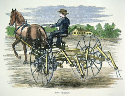 Máquina de cultivo de feno, c.1880 (gravação a cores) de American School