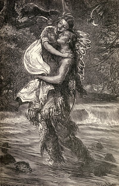 Hiawatha e Minnehaha, ilustração do poema &39;Hiawatha&39; de Henry Wadsworth Longfellow (1807-82) escrito em 1855 de American School