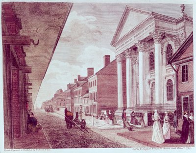 Rua principal com a primeira igreja presbiteriana, Filadélfia, 1799 de American School