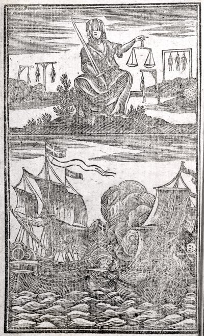 História e vida de todos os mais notórios piratas e suas tripulações, frontispício, Londres, 1725 de American School
