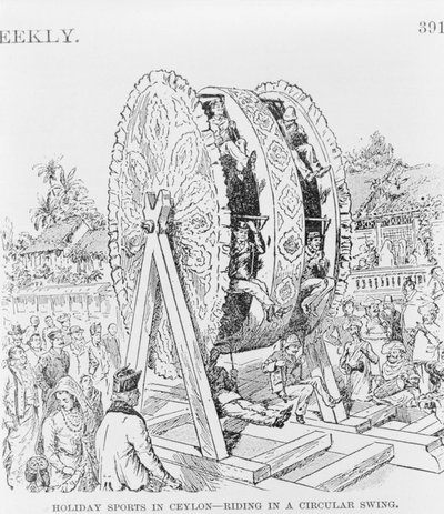 Desportos de Férias no Ceilão, andar numa roda circular, c.1893 (ilustração) de American School