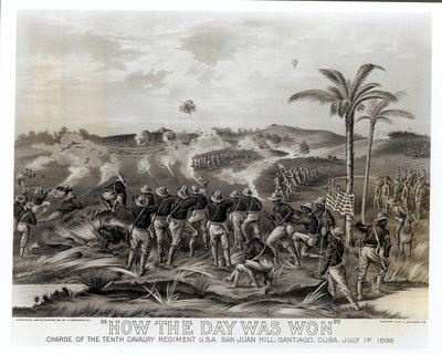&39;Como o dia foi ganhado&39;, carga do décimo regimento de cavalaria no monte de San Juan, Santiago, Cuba, 1º de julho de 1898, bar. 1899 de American School