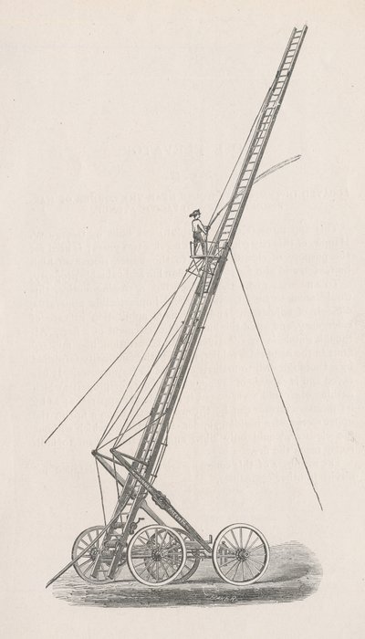 Ilustração do Elevador de Mangueiras e do Caminhão nº. 1. do Relatório do Conselho de Polícia, no Corpo de Bombeiros, ao Conselho Comum da Cidade de Chicago, pág. 70, 1872 (gravura em madeira) de American School