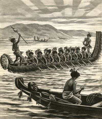 Ilustração de guerreiros Maori em canoas de American School