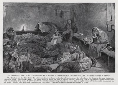Em Darkest New York, Midnight in a Cheap Underground Lodging Cellar, "três cêntimos por lugar" (litho) de American School