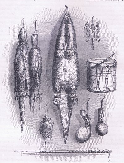 Saco de medecina indiano, apito misterioso, batalhas e tambor 1661, ilustração de Cassell