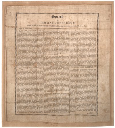 Jeffersons primeiro discurso inaugural, impresso por Pechin, Baltimore, 4 de março de 1801 (lito em seda) de American School
