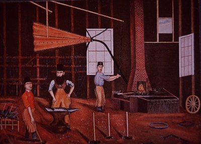 John Mohler Studebaker (centro), fabricante de vagões germano-americano em oficina, c.1858 (cor litho) de American School