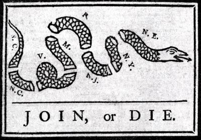 Join ou Die, desenho, considera o primeiro desenho animado político, publicado no "Pennsylvania", Gazette de Benjamin Franklin em 1754. Representa uma cobra dividida em várias secções com a lenda "Join or Die". Este é um apelo aos 13 c de American School