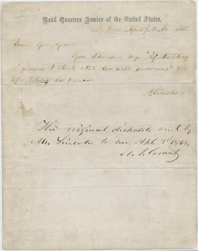 Carta de Abraham Lincoln para o General Ulysses S. Grant, 7 de abril de 1865 de American School