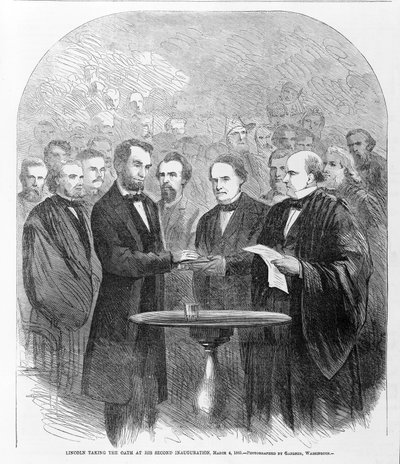 Lincoln fazendo o juramento em sua segunda posse, 4 de março de 1865, publicado em 1865 de American School