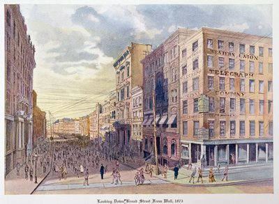 Olhando para baixo da rua larga da parede em 1873, ilustração de Old New York, ontem e hoje por Henry Collins Brown, 1922 de American School