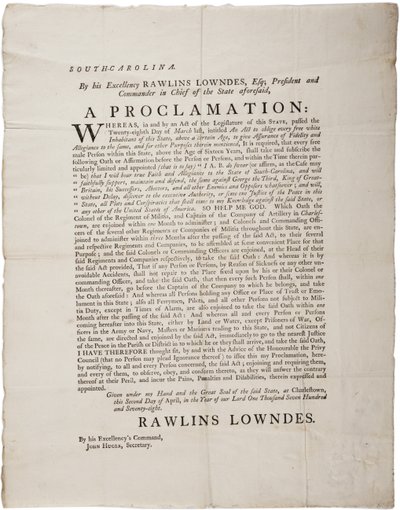 Juramento de lealdade para proteger a Independência da Carolina do Sul, 2 de abril de 1778 de American School