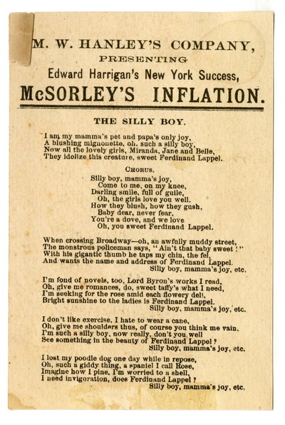 MW Hanleys Col apresenta o último sucesso de NY de Edward Harrigans, McSorleys Inflation [cartão de teatro]. Verso, c.1882 (litografia [cartão comercial]) de American School