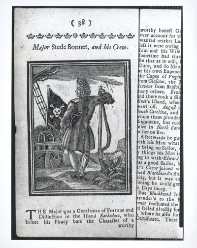 Major Stepe Bonnet, página 38 de Histórias e Vidas de Todos os Piratas Mais Notórios e suas Tripulações, Londres, 1725 de American School