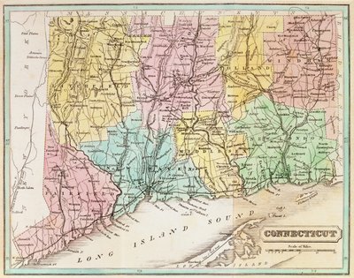 Mapa de Connecticut, de &39;coleções históricas de Connecticut&39; por John Warner Barber, 1856 de American School