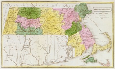 Mapa de Massachusetts, de "Coleções históricas de Massachusetts", por John Warren Barber, 1839 de American School