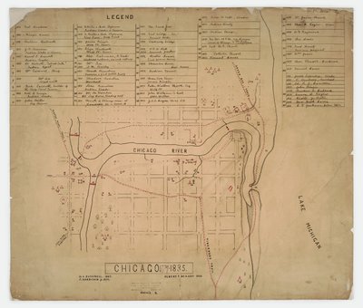 Mapa de casas e locais históricos em Chicago, Illinois, c.1835 de American School