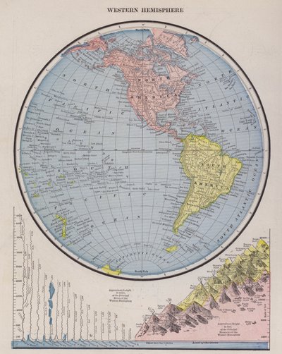 Mapa do Hemisfério Ocidental (gravura colorida) de American School