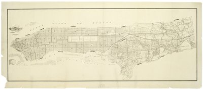 Mapa da cidade de Nova York, feito sob a direção dos Comissários do Corpo de Bombeiros Metropolitano, mostrando a localização dos edifícios de posse e uso do Corpo de Bombeiros Metropolitano e do Departamento de Polícia Metropolitana de American School