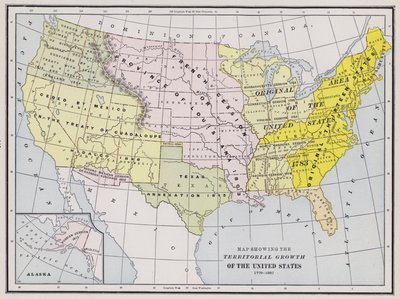 Mapa mostrando o crescimento territorial dos Estados Unidos (gravura colorida) de American School