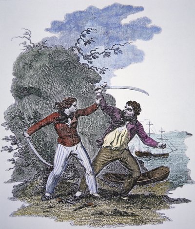 Mary Read luta contra outro pirata para salvar a vida do seu amante masculino (gravura colorida) de American School