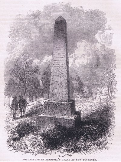 Monumento sobre o túmulo de Bradford em New Plymouth 1641, ilustração de Cassell