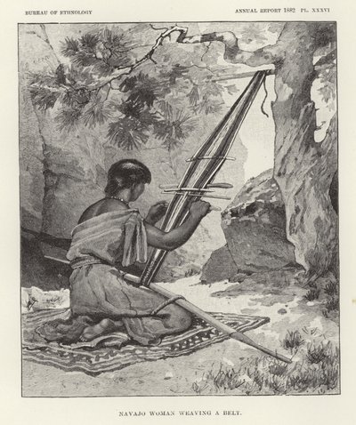Mulher Navajo tecendo um cinto de American School