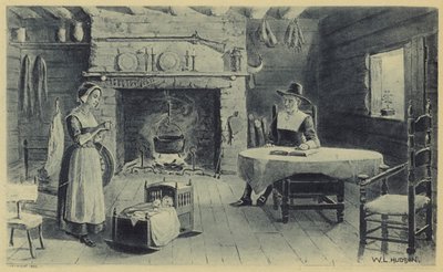 Casa dos Pioneiros de Nova Inglaterra (litografia) de American School