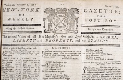 Manchete do New York Gazette declarando sua oposição aos selos, impressa em 7 de novembro de 1765 (impressão) de American School