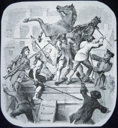 Rebeldes de Nova Iorque derrubam a estátua do odiado George III da Inglaterra (litho) de American School