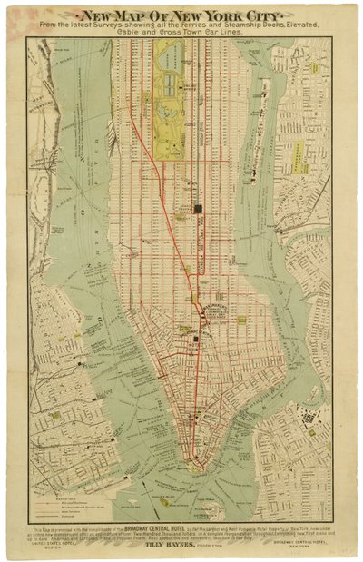 Novo mapa da cidade de Nova Iorque a partir das últimas pesquisas mostrando todos os ferries e as docas dos navios a vapor, os metrôs elevados, elétricos [sic] e cruzando as linhas de carros da cidade. de American School