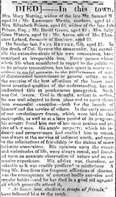 Página de obituário do Boston Intelligencer, 16 de maio de 1818 (impressão) de American School
