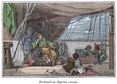 A bordo de um navio de piratas argelinos Ilustração de "The Pirates Own Book, autênticas narrativas dos mais célebres assaltantes do mar" de Charles Ellms, Boston 1837 de American School