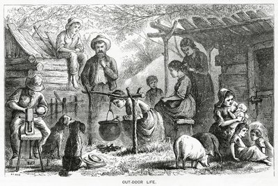 Out-door Life, ilustração para um longa-metragem, A Community of Outcasts, de Appletons Journal, 23 de março de 1872 de American School