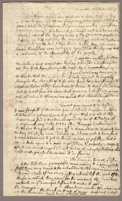 Página 1, Carta de Abigail Adams a John Adams, 31 de Março - 5 de Abril de 1776 (tinta sobre papel) de American School