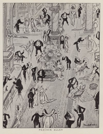 Peacock Alley, banda desenhada que troça da moda ostentatória da época (litografia) de American School