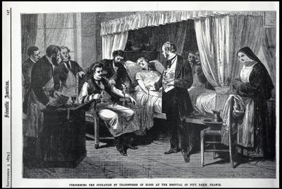 Realizando a Operação da Transfusão de Sangue no Hospital de Piedade, Paris, França, ilustração do cientista americano de American School