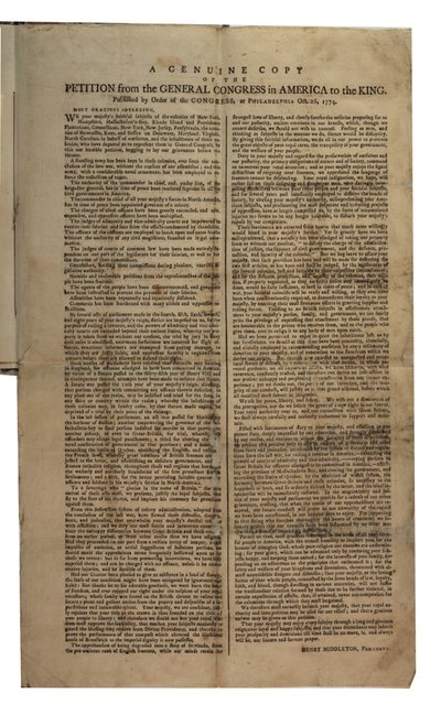 Petição do Congresso Geral na América ao Rei, Congresso Continental, 26 de outubro de 1774 de American School