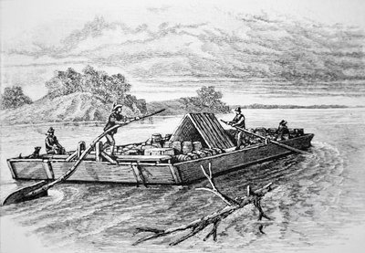 Pioneer flatboat no rio Mississippi, c. 1840 (gravura) de American School
