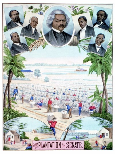 Plantações no Senado: ilustração retratando trabalhadores negros em plantações de algodão e senadores negros no sul dos Estados Unidos. de American School