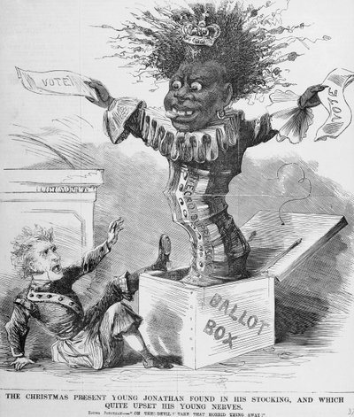 Cartum político mostrando o presidente Andrew Jackson (1767-1845) assustado com a perspectiva do voto negro na América de American School