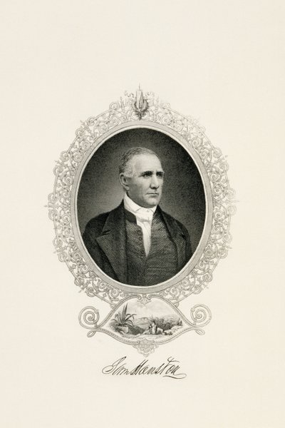Retrato de Sam Houston com Vista da Cidade, c. 1855-c. 1860 (gravura com face de aço em papel tecido) de American School