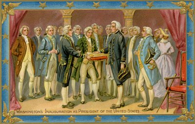 Postal que representa a tomada de posse presidencial de George Washington (impressão) de American School