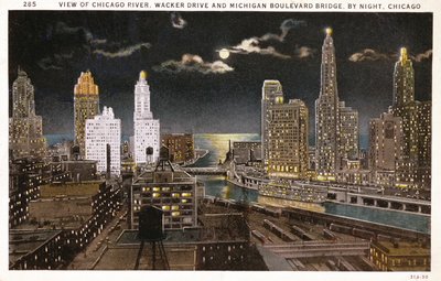Postal de Chicago à noite, c.1930 de American School